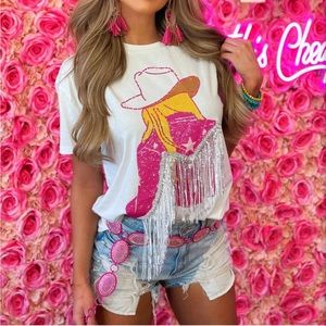 Rhinestone & Fringe Pink Cowgirl Tee